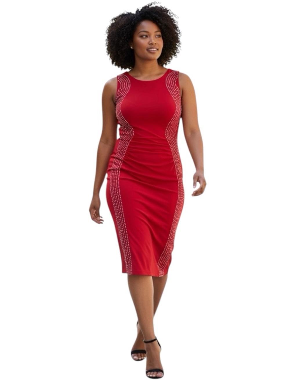 Calvin Klein Red Sleeveless Midi Dress with Studded Side Panels – Bodycon - Picture 2 of 5